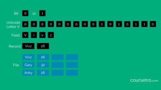 0
0 0 0 0 0 0 0 0 0 1 0 1 0 1 1 0
1
V i v z
Vivz 26
Vivz 26
Gary 32
Anky 26
Bit
Unicode
Letter V
Field
File
Record
or
coursetro.com
 
