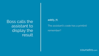 Boss calls the
assistant to
display the
result
add(3, 7);
The assistant’s code has a println()
remember?
coursetro.com
 