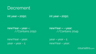 Decrement
int year = 2050;
newYear = year--;
//Contains 2050
newYear = year;
year = year - 1;
int year = 2050;
newYear = -...
