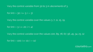 Vary the control variable from 30 to 3 in decrements of 3.
for (int i = 30; i >= 3; i -= 3)
Vary the control variable over...