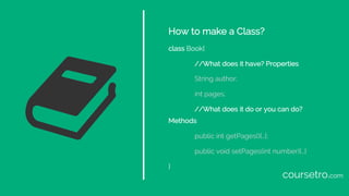 How to make a Class?
class Book{
//What does it have? Properties
String author;
int pages;
//What does it do or you can do...