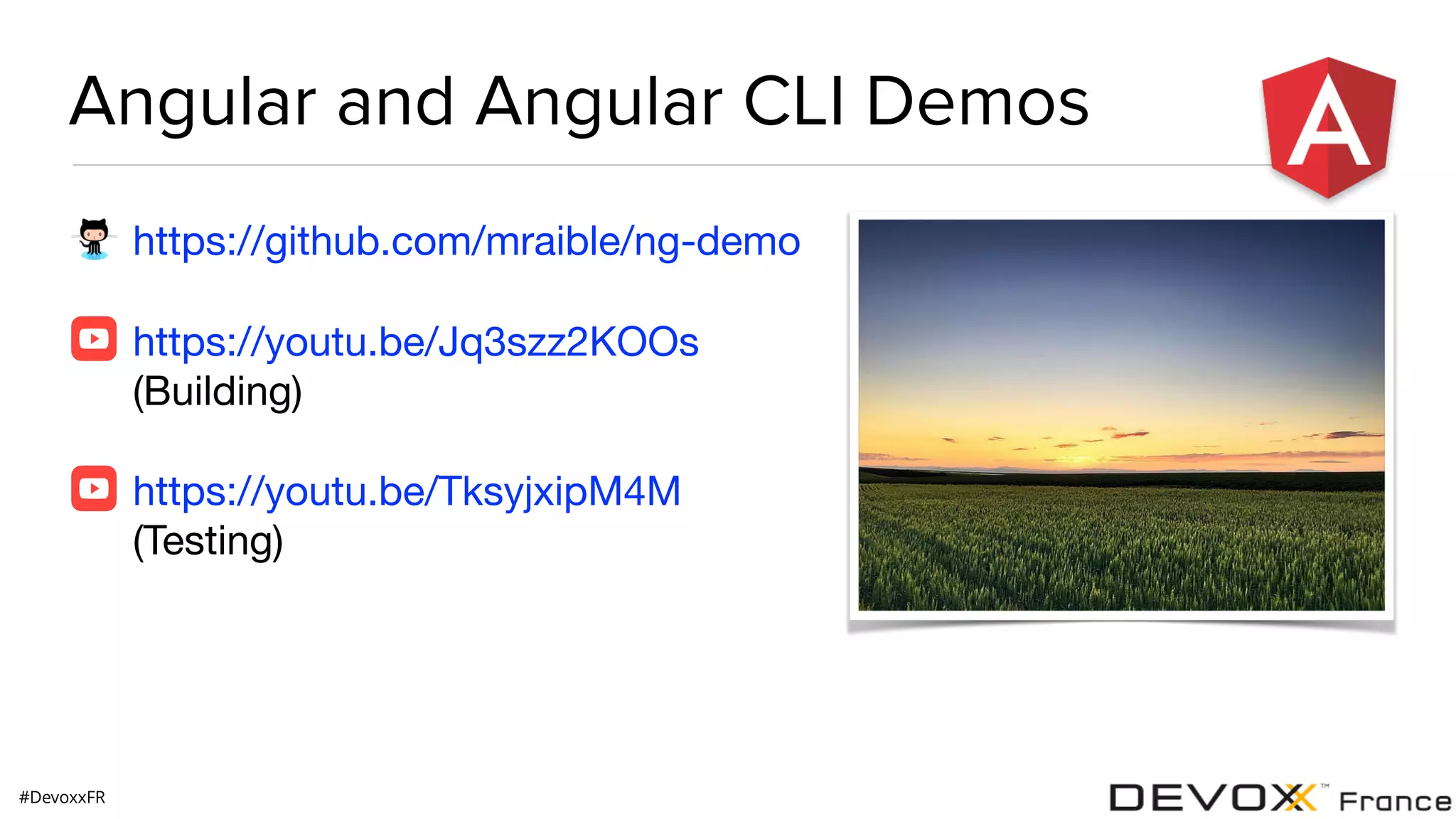 #DevoxxFR https://github.com/mraible/ng-demo https://youtu.be/Jq3szz2KOOs (Building) https://youtu.be/TksyjxipM4M (Testing) Angular and Angular CLI Demos 