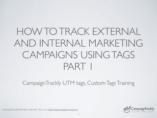 HOWTOTRACK EXTERNAL
AND INTERNAL MARKETING
CAMPAIGNS USINGTAGS
PART 1
CampaignTrackly UTM tags, CustomTagsTraining
1
CampaignTrackly.All rights reserved. Visit us at https://app.campaigntrackly.com
 