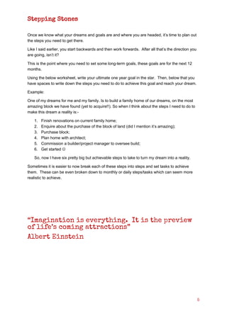 5
Stepping Stones
Once we know what your dreams and goals are and where you are headed, it’s time to plan out
the steps you need to get there.
Like I said earlier, you start backwards and then work forwards. After all that’s the direction you
are going, isn’t it?
This is the point where you need to set some long-term goals, these goals are for the next 12
months.
Using the below worksheet, write your ultimate one year goal in the star. Then, below that you
have spaces to write down the steps you need to do to achieve this goal and reach your dream.
Example:
One of my dreams for me and my family. Is to build a family home of our dreams, on the most
amazing block we have found (yet to acquire!!). So when I think about the steps I need to do to
make this dream a reality is:-
1. Finish renovations on current family home;
2. Enquire about the purchase of the block of land (did I mention it’s amazing);
3. Purchase block;
4. Plan home with architect;
5. Commission a builder/project manager to oversee build;
6. Get started 
So, now I have six pretty big but achievable steps to take to turn my dream into a reality.
Sometimes it is easier to now break each of these steps into steps and set tasks to achieve
them. These can be even broken down to monthly or daily steps/tasks which can seem more
realistic to achieve.
“Imagination is everything. It is the preview
of life’s coming attractions”
Albert Einstein
 