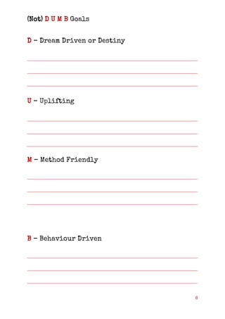 8
(Not) D U M B Goals
D – Dream Driven or Destiny
U – Uplifting
M – Method Friendly
B – Behaviour Driven
 