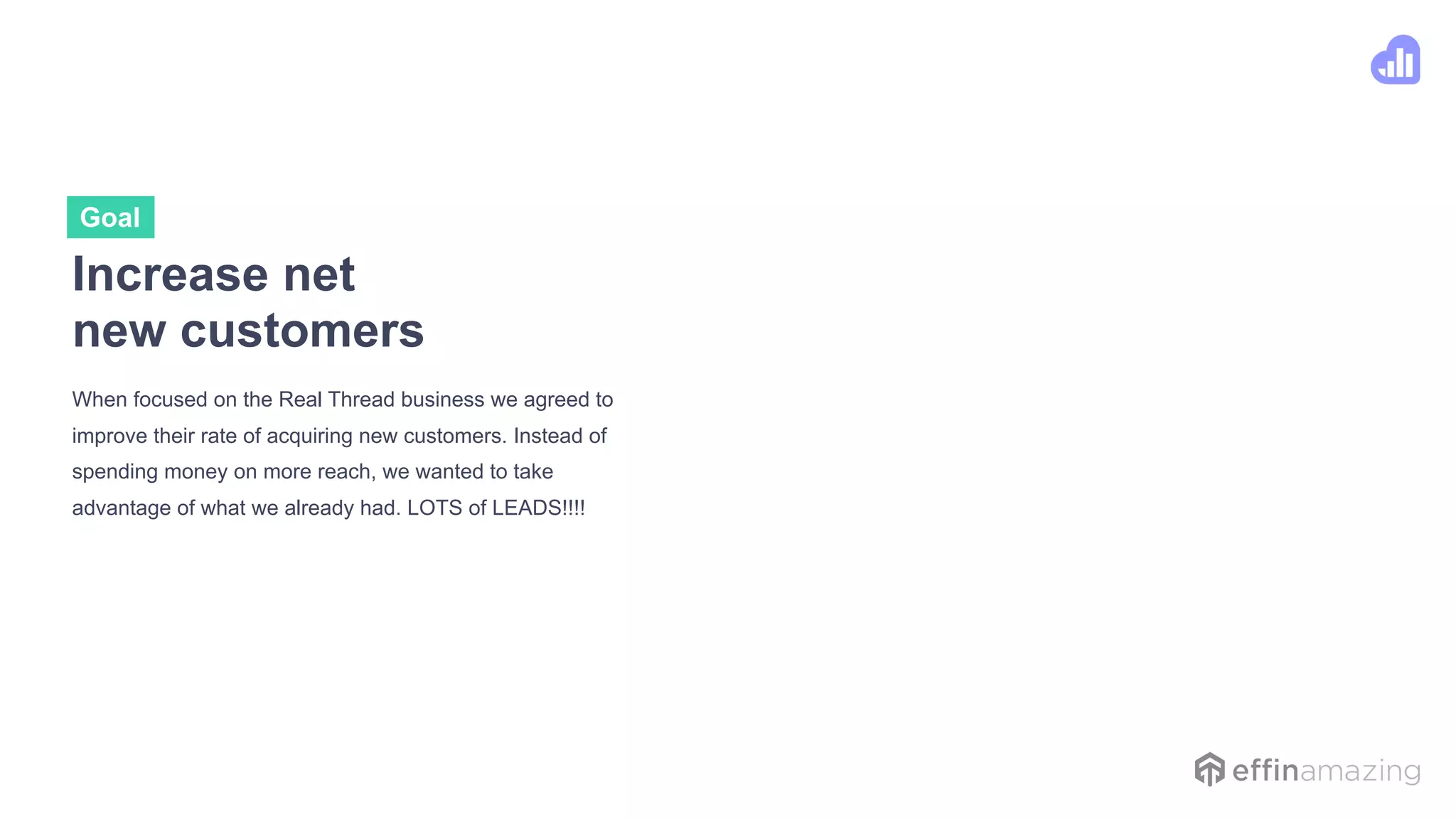 Increase net
new customers
When focused on the Real Thread business we agreed to
improve their rate of acquiring new customers. Instead of
spending money on more reach, we wanted to take
advantage of what we already had. LOTS of LEADS!!!!
Goal
 
