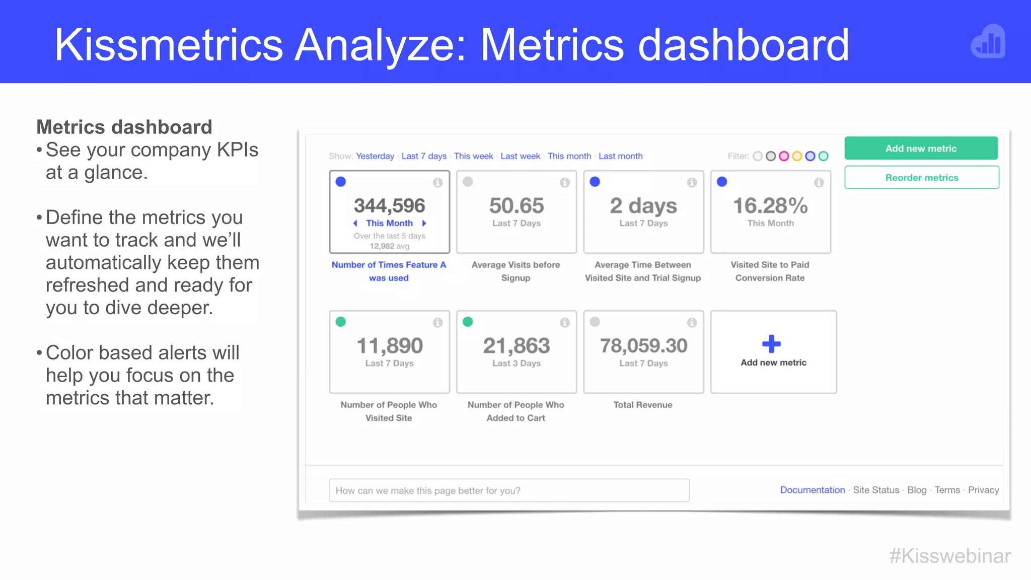 Kissmetrics Analyze: Metrics dashboard
#Kisswebinar
Metrics dashboard
•See your company KPIs
at a glance.
•Define the metrics you
want to track and we’ll
automatically keep them
refreshed and ready for
you to dive deeper.
•Color based alerts will
help you focus on the
metrics that matter.
 