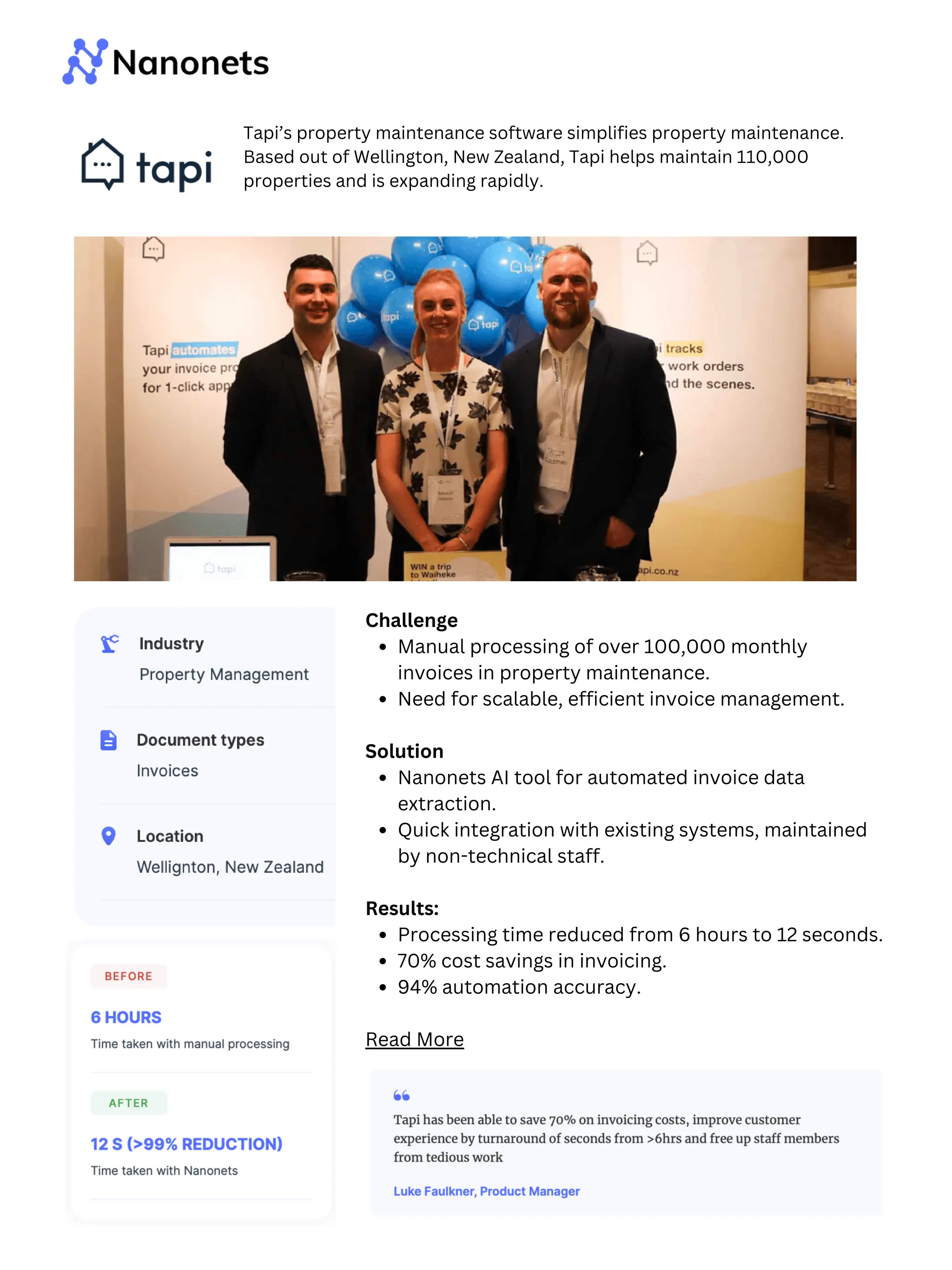 Challenge
Manual processing of over 100,000 monthly
invoices in property maintenance.
Need for scalable, efficient invoice management.
Solution
Nanonets AI tool for automated invoice data
extraction.
Quick integration with existing systems, maintained
by non-technical staff.
Results:
Processing time reduced from 6 hours to 12 seconds.
70% cost savings in invoicing.
94% automation accuracy.
Read More
Tapi’s property maintenance software simplifies property maintenance.
Based out of Wellington, New Zealand, Tapi helps maintain 110,000
properties and is expanding rapidly.
 