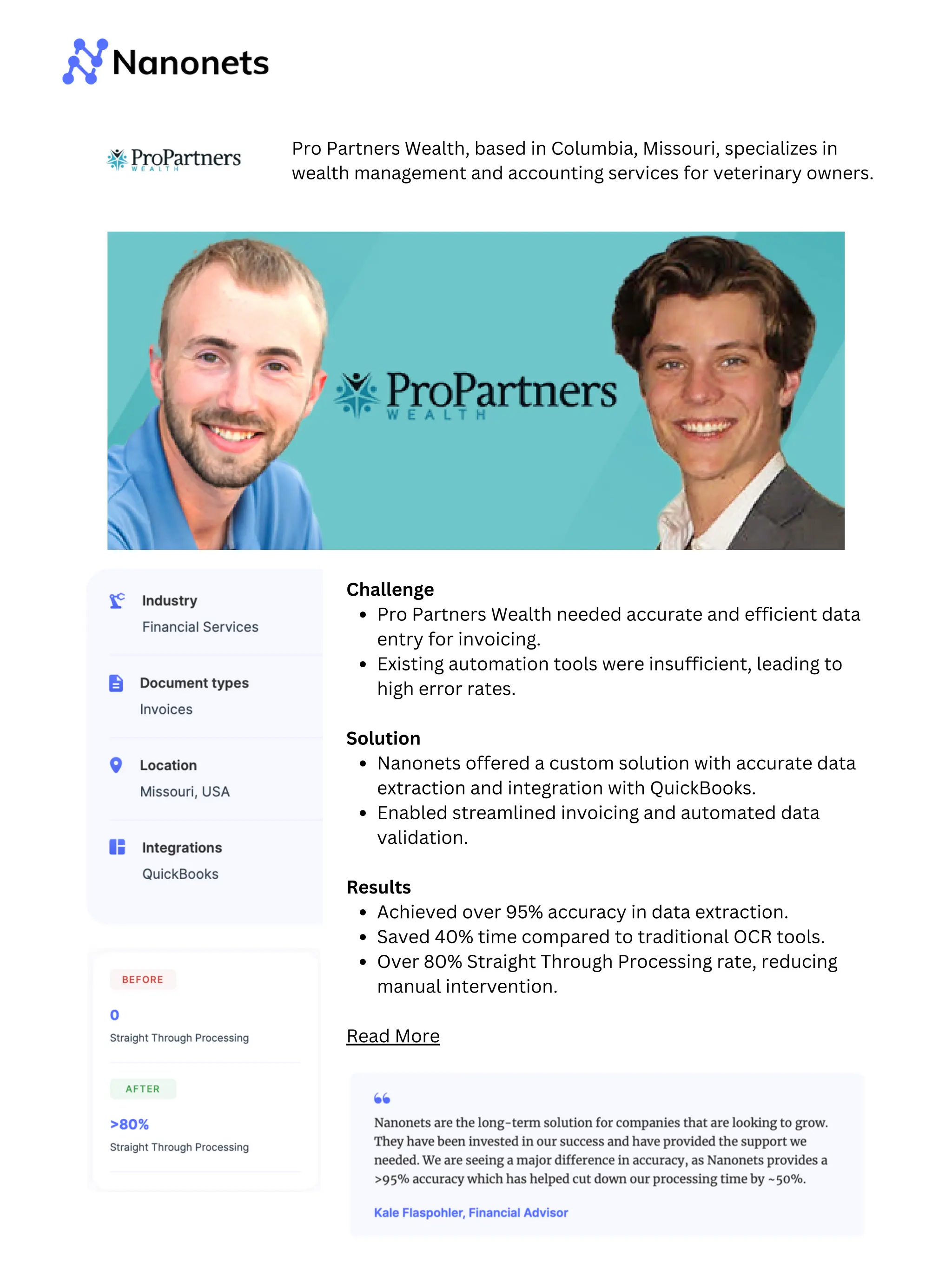 Challenge
Pro Partners Wealth needed accurate and efficient data
entry for invoicing.
Existing automation tools were insufficient, leading to
high error rates.
Solution
Nanonets offered a custom solution with accurate data
extraction and integration with QuickBooks.
Enabled streamlined invoicing and automated data
validation.
Results
Achieved over 95% accuracy in data extraction.
Saved 40% time compared to traditional OCR tools.
Over 80% Straight Through Processing rate, reducing
manual intervention.
Read More
Pro Partners Wealth, based in Columbia, Missouri, specializes in
wealth management and accounting services for veterinary owners.
 