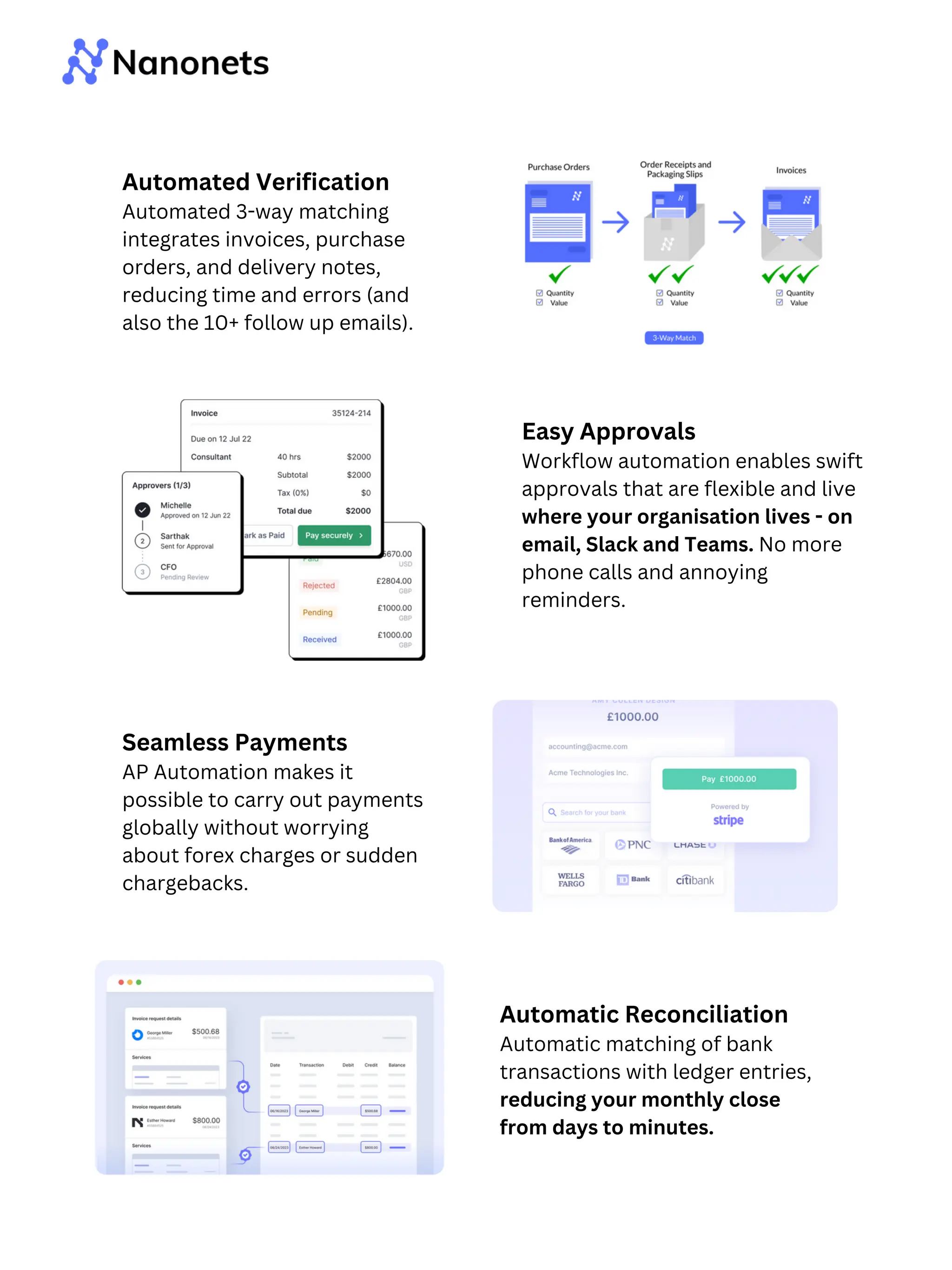 Easy Approvals
Workflow automation enables swift
approvals that are flexible and live
where your organisation lives - on
email, Slack and Teams. No more
phone calls and annoying
reminders.
Seamless Payments
AP Automation makes it
possible to carry out payments
globally without worrying
about forex charges or sudden
chargebacks.
Automatic Reconciliation
Automatic matching of bank
transactions with ledger entries,
reducing your monthly close
from days to minutes.
Automated Verification
Automated 3-way matching
integrates invoices, purchase
orders, and delivery notes,
reducing time and errors (and
also the 10+ follow up emails).
 