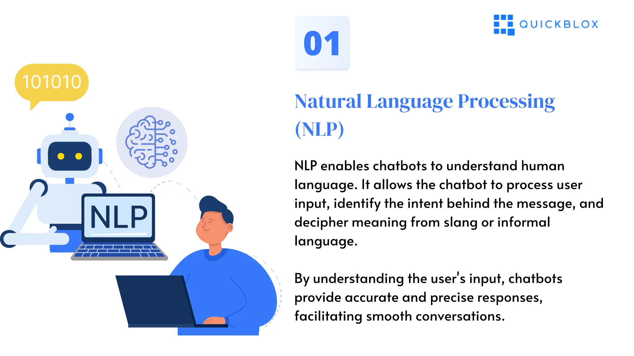 Natural Language Processing
(NLP)
01
NLP enables chatbots to understand human
language. It allows the chatbot to process user
input, identify the intent behind the message, and
decipher meaning from slang or informal
language.
By understanding the user's input, chatbots
provide accurate and precise responses,
facilitating smooth conversations.
 