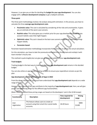 However, it can give you an idea for deciding the budget for your app development. You can also
engage with a software development company to get a ballpark estimate.
Three-point
The three-point methodology involves risk analysis along with estimation. In this process, you have to
calculate the three average app development costs.
 Pessimistic value: This cost is calculated by considering all the risks and uncertainties. It gives
you an estimate of the worst-case scenario.
 Realistic value: This value gives you a realistic price for your app development by taking into
account realistic cases that might happen.
 Optimistic value: This cost is based on the best-case scenario and gives an estimate if things
happen ideally.
 Parameter-based
Parameter-based estimation methodology incorporates historical data as well as the actual calculation.
For this calculation, you have to take the previously estimated time of each task and multiply it with
team member’s hourly rate.
This method is quite lengthy but can give you an accurate outlook of your app development cost.
Track budgets
Tracking budget is the best way to make sure that your app development cost remains in the decided
budget.
You can also utilize an appropriate tracking software to ensure your expenditure remains as per the
plan.
App development cost for different types of Apps in 2022
From the above information, you must have understood that app development cost depends on a wide
range of factors.
However, the features of the app contribute to the majority of app development cost. Here, we will give
you an average pricing range for the different app functionalities.
(Note: Please note that these pricing ranges are based on the developers’ cost in the US & Europe)
Functionality Description
Time required for
development
Pricing
range
User
registration
This feature allows users to create an
account using their email Id or social media
accounts.
18-20 hours
$800-
$1100
 