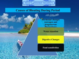 Causes of Bloating During Period
Hormonal changes
(estrogen and
progesterone
fluctuations)
Water retention
Digestive Changes
Food sensitivities