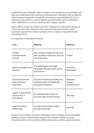 Verification is part of Google’s effort to improve ad transparency, prevent fraud, and
help users understand who is behind an advertisement. Advertisers may be asked to
submit business registration documents, government-issued identification for an
authorized representative, proof of address, payment details, phone verification,
email confirmation, or answers about how the company operates.
Once verified, Google may display advertiser transparency information through an
“About this advertiser” disclosure. This means the advertiser identity should
accurately represent the company, product owner, or agency responsible for the
advertising activity.
It is important to distinguish between:
Term Meaning Risk level
Verified
business-owned
account
Your company creates the account
and completes verification using its
own documents
Lowest
Agency-managed client
account
A qualified agency manages
campaigns through proper access
permissions
Low when
transparent
Account transferred
after a business
acquisition
Account ownership and billing are
updated as part of a legitimate
corporate transaction
Moderate;
requires
documentation
“Aged” or “pre-verified”
account from a
marketplace
An unrelated seller offers an
account under another identity
Very high
Account rental or
shared login
You pay to use another entity’s
account credentials
Very high
The key issue is simple: advertiser verification is tied to identity and accountability.
Buying an account verified under someone else’s business details can create
mismatches between the advertiser, billing information, website, payment method,
 