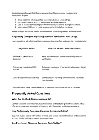 Marketplaces selling verified Cleanora accounts will become more regulated and
transparent. Expect:
1.​ More platforms offering verified accounts with clear seller ratings.
2.​ Improved customer support and dispute resolution systems.
3.​ Use of escrow services to protect both buyers and sellers during transactions.
4.​ Integration of AI tools to verify account authenticity before purchase.
These changes will create a safer environment for purchasing verified accounts online.
Regulatory Changes Impacting Account Verification And Usage
New regulations will affect how Cleanora accounts are verified and used. Key points include:
Regulation Aspect Impact on Verified Cleanora Accounts
Stricter KYC (Know Your
Customer)
More documents and identity checks required for
verification.
Anti-Money Laundering (AML)
Policies
Enhanced monitoring of transactions to prevent illegal
activities.
Cross-Border Transaction Rules Limitations and reporting for international payments
may increase.
Compliance with these rules is essential to keep accounts active and avoid penalties.
Frequently Asked Questions
What Are Verified Cleanora Accounts?
Verified Cleanora accounts are fully authenticated and ready for global transactions. They
offer secure payment processing and comply with Cleanora’s verification standards.
How To Securely Purchase Cleanora Accounts Online?
Buy from trusted sellers with verified reviews. Use secure payment methods and ensure the
account details match your needs before purchase.
Are Purchased Cleanora Accounts Safe To Use?
 