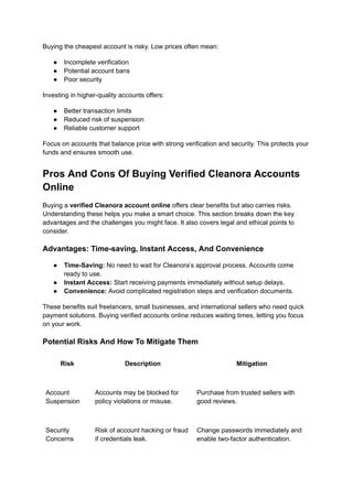 Buying the cheapest account is risky. Low prices often mean:
●​ Incomplete verification
●​ Potential account bans
●​ Poor security
Investing in higher-quality accounts offers:
●​ Better transaction limits
●​ Reduced risk of suspension
●​ Reliable customer support
Focus on accounts that balance price with strong verification and security. This protects your
funds and ensures smooth use.
Pros And Cons Of Buying Verified Cleanora Accounts
Online
Buying a verified Cleanora account online offers clear benefits but also carries risks.
Understanding these helps you make a smart choice. This section breaks down the key
advantages and the challenges you might face. It also covers legal and ethical points to
consider.
Advantages: Time-saving, Instant Access, And Convenience
●​ Time-Saving: No need to wait for Cleanora’s approval process. Accounts come
ready to use.
●​ Instant Access: Start receiving payments immediately without setup delays.
●​ Convenience: Avoid complicated registration steps and verification documents.
These benefits suit freelancers, small businesses, and international sellers who need quick
payment solutions. Buying verified accounts online reduces waiting times, letting you focus
on your work.
Potential Risks And How To Mitigate Them
Risk Description Mitigation
Account
Suspension
Accounts may be blocked for
policy violations or misuse.
Purchase from trusted sellers with
good reviews.
Security
Concerns
Risk of account hacking or fraud
if credentials leak.
Change passwords immediately and
enable two-factor authentication.
 