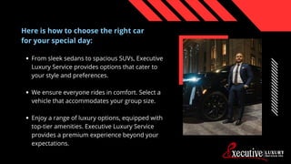 From sleek sedans to spacious SUVs, Executive
Luxury Service provides options that cater to
your style and preferences.
We...