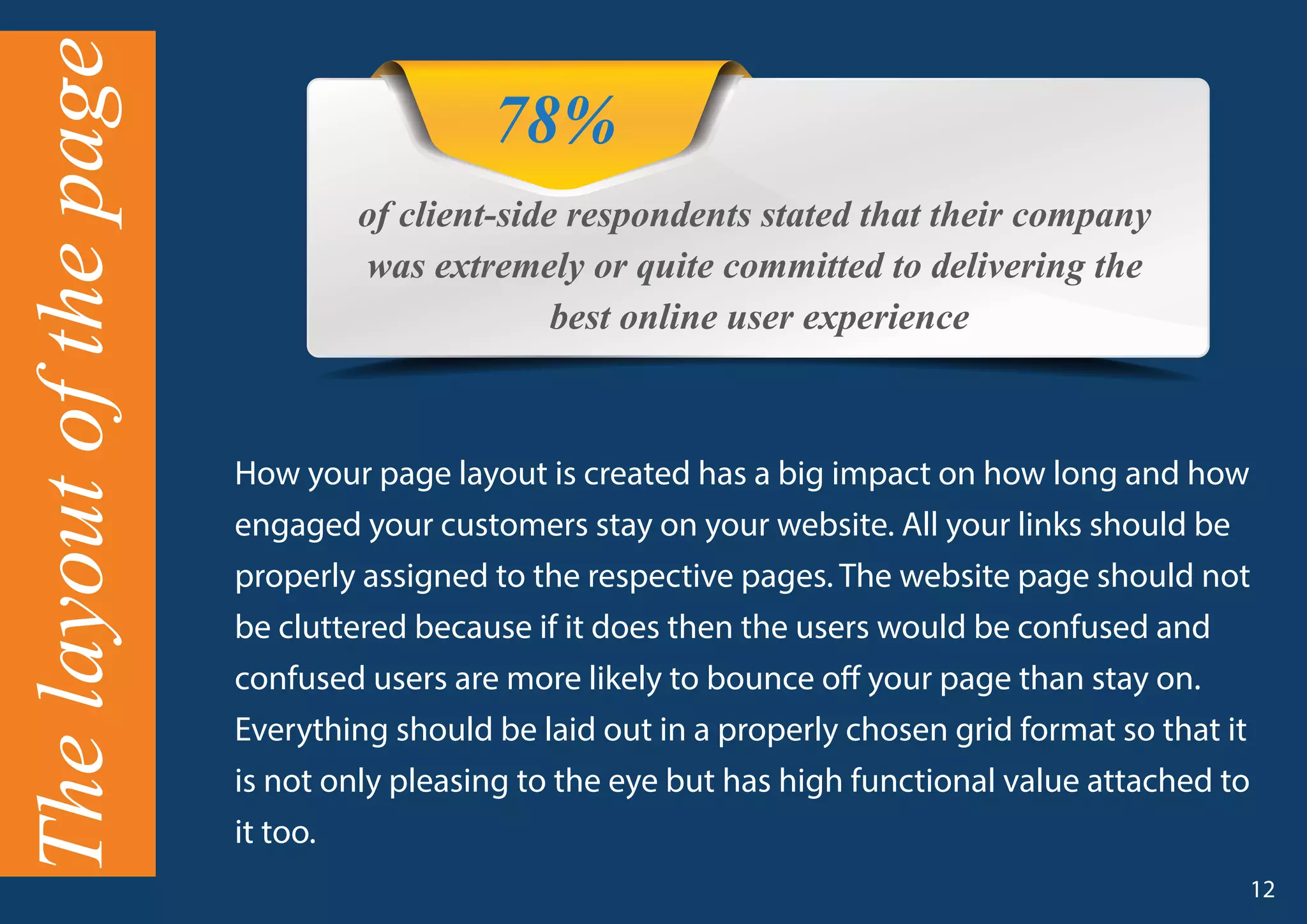 Thelayoutofthepage
How your page layout is created has a big impact on how long and how
engaged your customers stay on your website. All your links should be
properly assigned to the respective pages. The website page should not
be cluttered because if it does then the users would be confused and
confused users are more likely to bounce off your page than stay on.
Everything should be laid out in a properly chosen grid format so that it
is not only pleasing to the eye but has high functional value attached to
it too.
of client-side respondents stated that their company
was extremely or quite committed to delivering the
best online user experience
78%
12
 