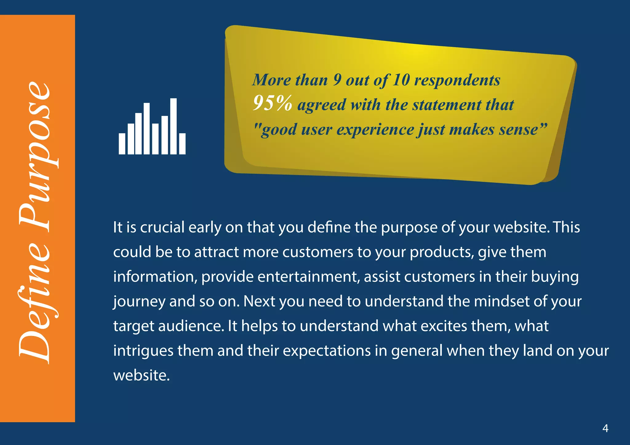 It is crucial early on that you define the purpose of your website. This
could be to attract more customers to your products, give them
information, provide entertainment, assist customers in their buying
journey and so on. Next you need to understand the mindset of your
target audience. It helps to understand what excites them, what
intrigues them and their expectations in general when they land on your
website.
DefinePurpose
4
More than 9 out of 10 respondents
95% agreed with the statement that
"good user experience just makes sense”
 