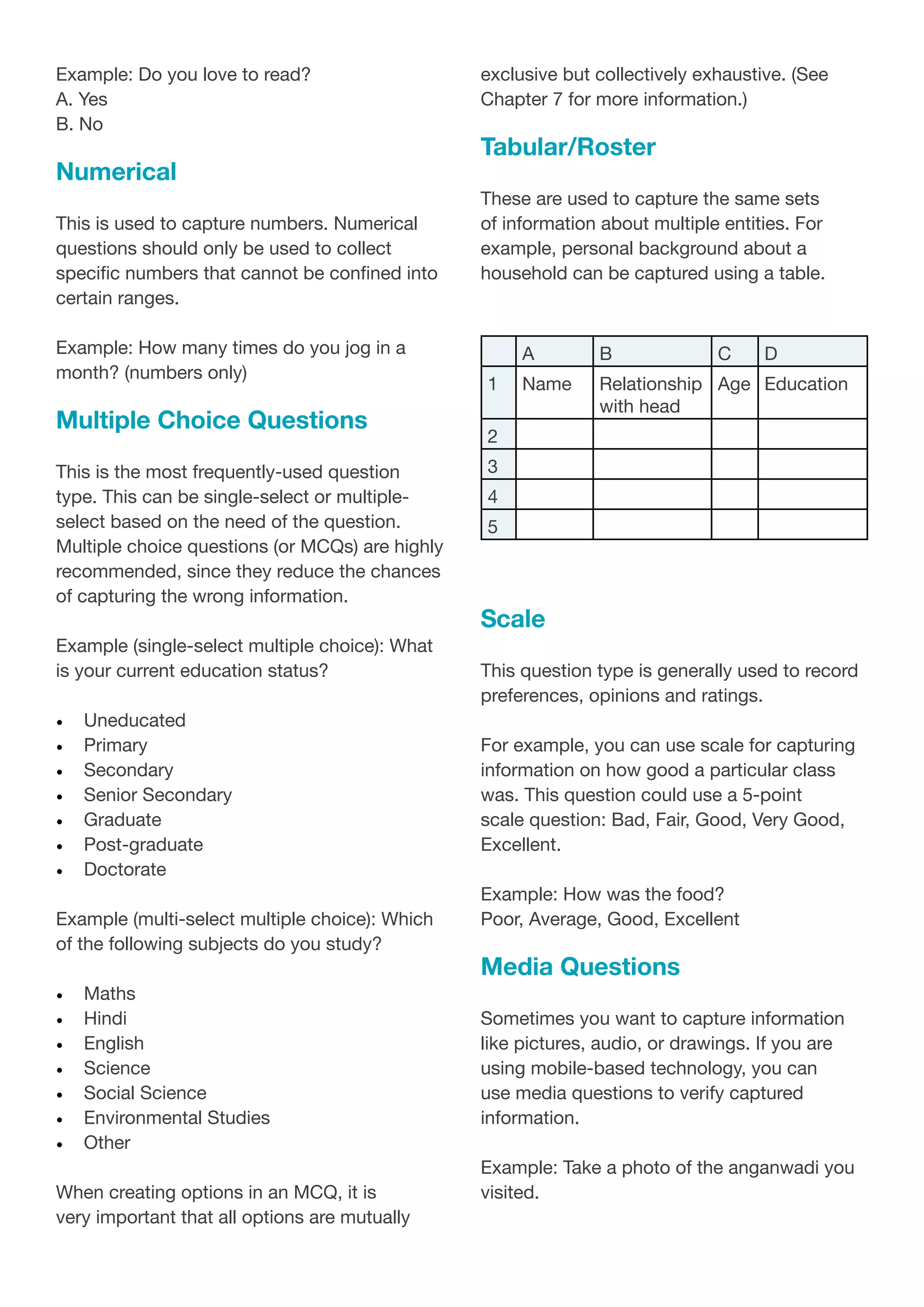 Example: Do you love to read?
A. Yes
B. No
Numerical
This is used to capture numbers. Numerical
questions should only be used to collect
specific numbers that cannot be confined into
certain ranges.
Example: How many times do you jog in a
month? (numbers only)
Multiple Choice Questions
This is the most frequently-used question
type. This can be single-select or multiple-
select based on the need of the question.
Multiple choice questions (or MCQs) are highly
recommended, since they reduce the chances
of capturing the wrong information.
Example (single-select multiple choice): What
is your current education status?
•	 Uneducated
•	 Primary
•	 Secondary
•	 Senior Secondary
•	 Graduate
•	 Post-graduate
•	 Doctorate
Example (multi-select multiple choice): Which
of the following subjects do you study?
•	 Maths
•	 Hindi
•	 English
•	 Science
•	 Social Science
•	 Environmental Studies
•	 Other
When creating options in an MCQ, it is
very important that all options are mutually
exclusive but collectively exhaustive. (See
Chapter 7 for more information.)
Tabular/Roster
These are used to capture the same sets
of information about multiple entities. For
example, personal background about a
household can be captured using a table.
A B C D
1 Name Relationship
with head
Age Education
2
3
4
5
Scale
This question type is generally used to record
preferences, opinions and ratings.
For example, you can use scale for capturing
information on how good a particular class
was. This question could use a 5-point
scale question: Bad, Fair, Good, Very Good,
Excellent.
Example: How was the food?
Poor, Average, Good, Excellent
Media Questions
Sometimes you want to capture information
like pictures, audio, or drawings. If you are
using mobile-based technology, you can
use media questions to verify captured
information.
Example: Take a photo of the anganwadi you
visited.
 