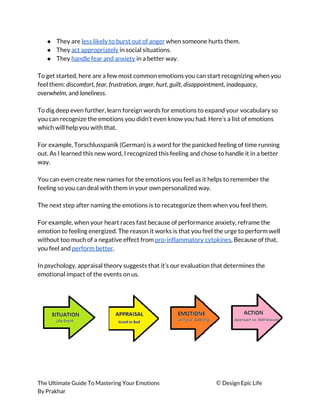 ● They are ​less likely to burst out of anger​ when someone hurts them. 
● They ​act appropriately​ in social situations. 
● They ​handle fear and anxiety​ in a better way. 
 
To get started, here are a few most common emotions you can start recognizing when you 
feel them: ​discomfort, fear, frustration, anger, hurt, guilt, disappointment, inadequacy, 
overwhelm,​ and ​loneliness​. 
 
To dig deep even further, learn foreign words for emotions to expand your vocabulary so 
you can recognize the emotions you didn’t even know you had. Here’s a list of emotions 
which will help you with that. 
 
For example, Torschlusspanik (German) is a word for the panicked feeling of time running 
out. As I learned this new word, I recognized this feeling and chose to handle it in a better 
way. 
 
You can even create new names for the emotions you feel as it helps to remember the 
feeling so you can deal with them in your own personalized way. 
 
The next step after naming the emotions is to recategorize them when you feel them. 
 
For example, when your heart races fast because of performance anxiety, reframe the 
emotion to feeling energized. The reason it works is that you feel the urge to perform well 
without too much of a negative effect from ​pro-inflammatory cytokines​. Because of that, 
you feel and ​perform better​. 
 
In psychology, appraisal theory suggests that it’s our evaluation that determines the 
emotional impact of the events on us. 
 
 
 
 
 
The Ultimate Guide To Mastering Your Emotions ​© ​Design Epic Life 
By Prakhar
 