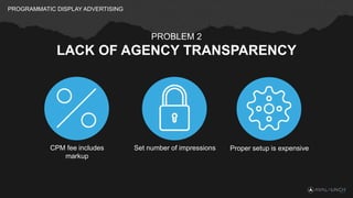PROGRAMMATIC DISPLAY ADVERTISING
PROBLEM 2
LACK OF AGENCY TRANSPARENCY
Set number of impressions Proper setup is expensive...