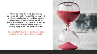 With buyers having too many
options at their fingertips coupled
with a shortened attention span,
salespeople have to be on their
toes, completely attuned to buyer
behavior and preferences at
every stage of the sales cycle.
Accomplishing this without sales
enablement is just impossible.
 
