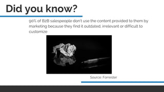 90% of B2B salespeople don’t use the content provided to them by
marketing because they find it outdated, irrelevant or difficult to
customize
Source: Forrester 
Did you know?
 