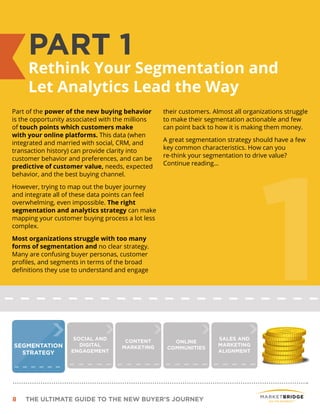 8 THE ULTIMATE GUIDE TO THE NEW BUYER’S JOURNEY
SEGMENTATION
STRATEGY
SOCIAL AND
DIGITAL
ENGAGEMENT
CONTENT
MARKETING
ONLI...