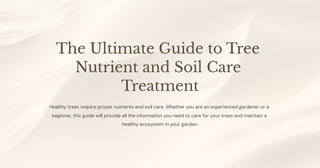 The Ultimate Guide to Tree
Nutrient and Soil Care
Treatment
Healthy trees require proper nutrients and soil care. Whether you are an experienced gardener or a
beginner, this guide will provide all the information you need to care for your trees and maintain a
healthy ecosystem in your garden.
 