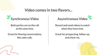 Asynchronous Video
Record and send videos to watch
when they have time.
Great for prospecting, follow-up,
and check-ins.
Synchronous Video
Both parties are on the call
at the same time.
Great for flowing conversations,
like sales calls.
Video comes in two flavors...
 