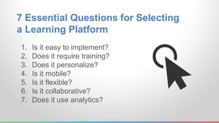 1. Is it easy to implement?
2. Does it require training?
3. Does it personalize?
4. Is it mobile?
5. Is it flexible?
6. Is...