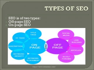  SEO is of two types:
1. Off-page SEO
2. On-page SEO
https://www.indeedseo.com/
 