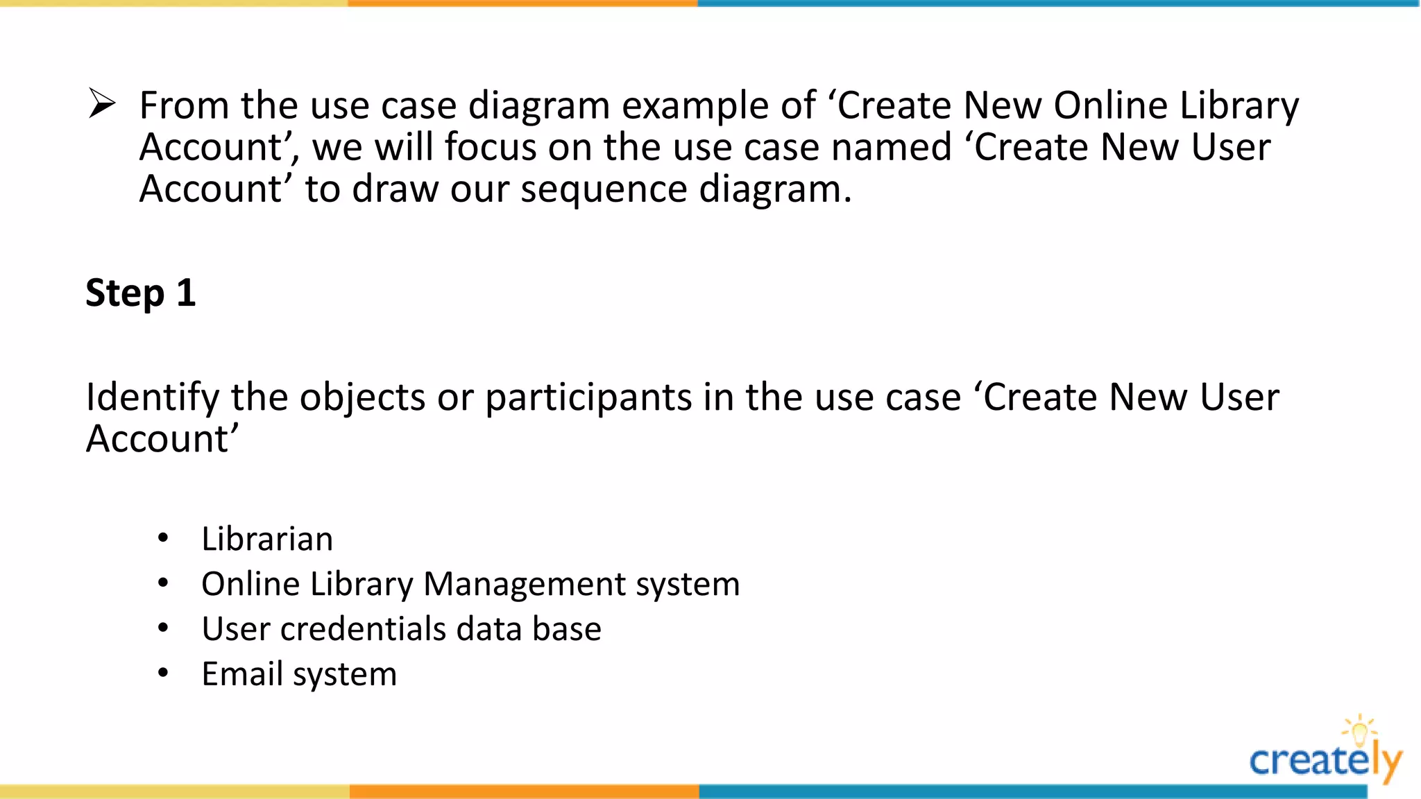  From the use case diagram example of ‘Create New Online Library
Account’, we will focus on the use case named ‘Create New User
Account’ to draw our sequence diagram.
Step 1
Identify the objects or participants in the use case ‘Create New User
Account’
• Librarian
• Online Library Management system
• User credentials data base
• Email system
 