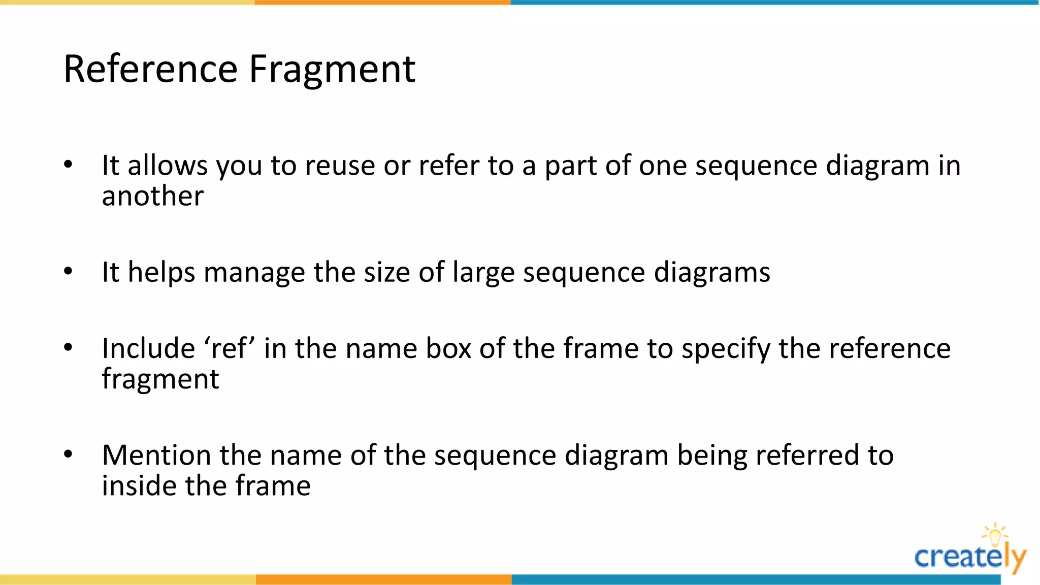 Reference Fragment
• It allows you to reuse or refer to a part of one sequence diagram in
another
• It helps manage the size of large sequence diagrams
• Include ‘ref’ in the name box of the frame to specify the reference
fragment
• Mention the name of the sequence diagram being referred to
inside the frame
 
