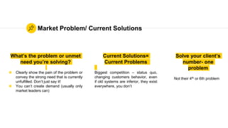 Market Problem/ Current Solutions
What’s the problem or unmet
need you’re solving?
◉ Clearly show the pain of the problem ...