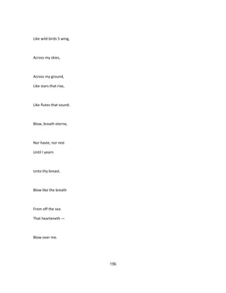 Like wild birds 5 wing,
Across my skies,
Across my ground,
Like stars that rise,
Like flutes that sound.
Blow, breath eterne,
Nor haste, nor rest
Until I yearn
Unto thy breast.
Blow like the breath
From off the sea
That hearteneth —
Blow over me.
196
 