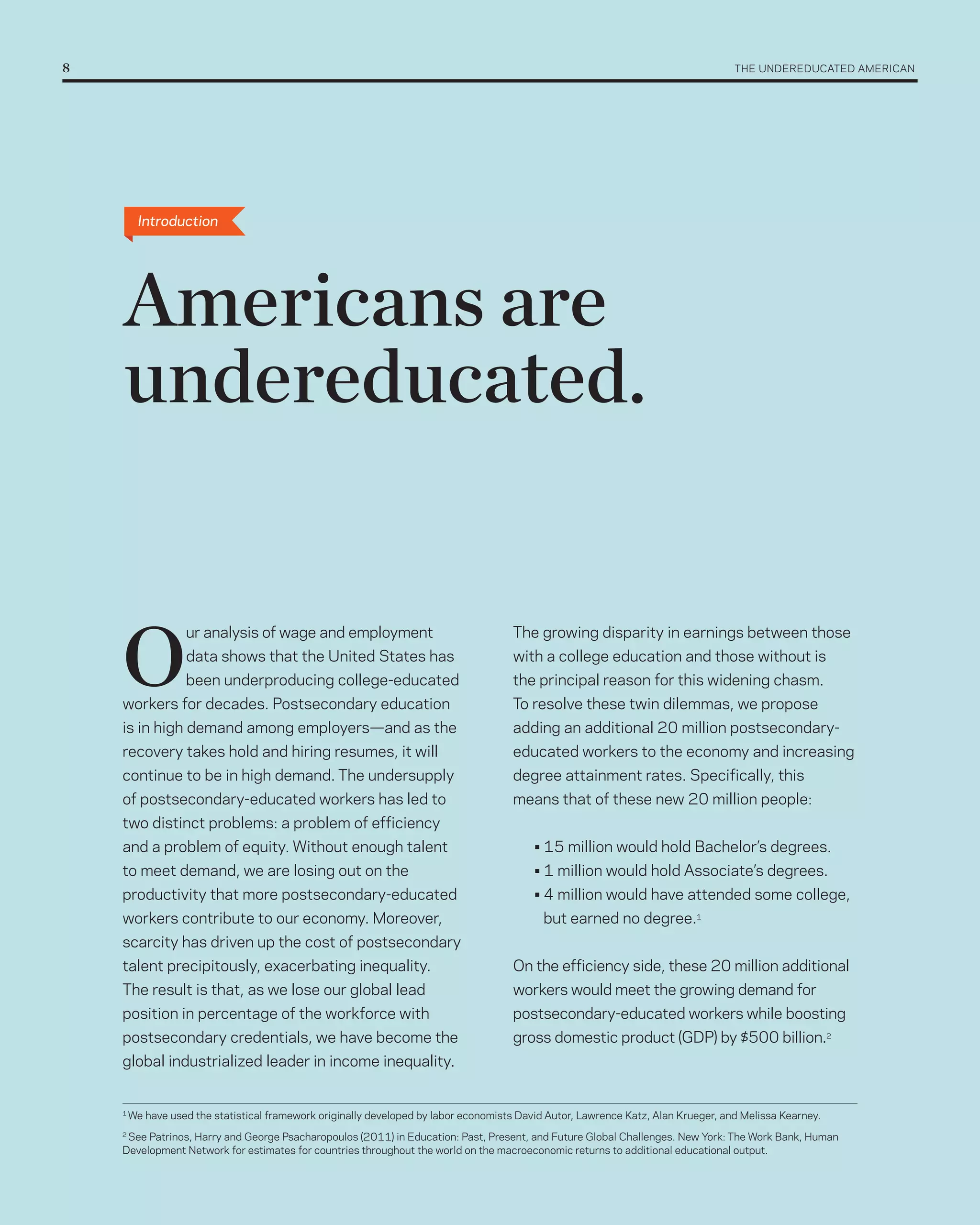 8	                                                                                                                                   THE UNDErEDUCATED AMErICAN




           Introduction




     Americans are
     undereducated.


     O
                    ur analysis of wage and employment                                 The growing disparity in earnings between those
                    data shows that the United States has                              with a college education and those without is
                    been underproducing college-educated                               the principal reason for this widening chasm.
     workers for decades. Postsecondary education                                      To resolve these twin dilemmas, we propose
     is in high demand among employers—and as the                                      adding an additional 20 million postsecondary-
     recovery takes hold and hiring resumes, it will                                   educated workers to the economy and increasing
     continue to be in high demand. The undersupply                                    degree attainment rates. Specifically, this
     of postsecondary-educated workers has led to                                      means that of these new 20 million people:
     two distinct problems: a problem of efficiency
     and a problem of equity. Without enough talent                                         • 15 million would hold Bachelor’s degrees.
     to meet demand, we are losing out on the                                               • 1 million would hold Associate’s degrees.
     productivity that more postsecondary-educated                                          • 4 million would have attended some college,
     workers contribute to our economy. Moreover,                                             but earned no degree.1
     scarcity has driven up the cost of postsecondary
     talent precipitously, exacerbating inequality.                                    On the efficiency side, these 20 million additional
     The result is that, as we lose our global lead                                    workers would meet the growing demand for
     position in percentage of the workforce with                                      postsecondary-educated workers while boosting
     postsecondary credentials, we have become the                                     gross domestic product (GDP) by $500 billion.2
     global industrialized leader in income inequality.


     1
         We have used the statistical framework originally developed by labor economists David Autor, Lawrence Katz, Alan Krueger, and Melissa Kearney.
     2
      See Patrinos, Harry and George Psacharopoulos (2011) in Education: Past, Present, and Future Global Challenges. New York: The Work Bank, Human
     Development Network for estimates for countries throughout the world on the macroeconomic returns to additional educational output.
 