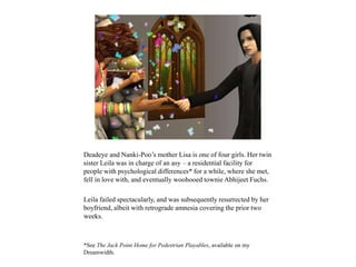 Deadeye and Nanki-Poo’s mother Lisa is one of four girls. Her twin
sister Leila was in charge of an asy – a residential facility for
people with psychological differences* for a while, where she met,
fell in love with, and eventually woohooed townie Abhijeet Fuchs.
Leila failed spectacularly, and was subsequently resurrected by her
boyfriend, albeit with retrograde amnesia covering the prior two
weeks.
*See The Jack Point Home for Pedestrian Playables, available on my
Dreamwidth.
 