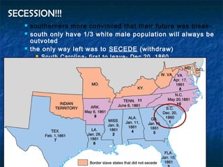  southerners more convinced that their future was bleak-
 south only have 1/3 white male population will always be
outvoted
 the only way left was to SECEDE (withdraw)
 South Carolina- first to leave- Dec 20, 1860
SECESSION!!!
 