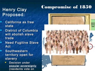 Compromise of 1850
 California as freeCalifornia as free
statestate
 District of ColumbiaDistrict of Columbia
will abolish slavewill abolish slave
tradetrade
 Need Fugitive SlaveNeed Fugitive Slave
ActAct
 SouthwesternSouthwestern
territory open forterritory open for
slaveryslavery
 Decision underDecision under
popular sovereignty
(residents vote on(residents vote on
Henry Clay
Proposed:
 