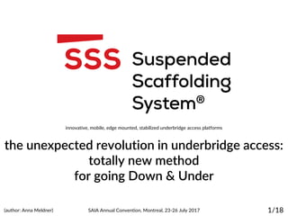 the unexpected revolution in underbridge access:
totally new method
for going Down & Under
SAIA Annual Convention, Montreal, 23-26 July 2017 1/18(author: Anna Meldner)
innovative, mobile, edge mounted, stabilized underbridge access platforms
 