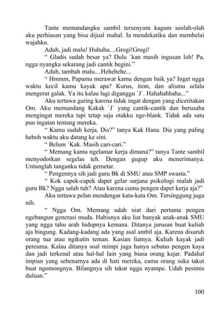 Tante memandangku sambil tersenyum kagum seolah-olah
aku perhiasan yang bisa dijual mahal. Ia mendekatiku dan membelai
wajahku.
        Aduh, jadi malu! Huhuhu....Grogi!Grogi!
        “ Gladis sudah besar ya? Dulu `kan masih ingusan loh! Pa,
ngga nyangka sekarang jadi cantik begini.”
        Aduh, tambah malu....Hehehehe...
        “ Hmmm, Papamu merawat kamu dengan baik ya? Inget ngga
waktu kecil kamu kayak apa? Kurus, item, dan alismu selalu
mengerut galak. Ya itu kalau lagi diganggu `J`. Hahahahhaha...”
        Aku tertawa garing karena tidak ingat dengan yang diceritakan
Om. Aku memandang Kakak `J` yang cantik-cantik dan berusaha
mengingat mereka tapi tetap saja otakku nge-blank. Tidak ada satu
pun ingatan tentang mereka.
        “ Kamu sudah kerja, Dis?” tanya Kak Hana. Dia yang paling
heboh waktu aku datang ke sini.
        “ Belum `Kak. Masih cari-cari.”
        “ Memang kamu ngelamar kerja dimana?” tanya Tante sambil
menyodorkan segelas teh. Dengan gugup aku menerimanya.
Untunglah tanganku tidak gemetar.
        “ Pengennya sih jadi guru Bk di SMU atau SMP swasta.”
        “ Kok capek-capek dapet gelar sarjana psikologi malah jadi
guru Bk? Ngga salah tuh? Atau karena cuma pengen dapet kerja aja?”
        Aku tertawa pelan mendengar kata-kata Om. Tersinggung juga
nih.
        “ Ngga Om. Memang udah niat dari pertama pengen
ngebangun generasi muda. Habisnya aku liat banyak anak-anak SMU
yang ngga tahu arah hidupnya kemana. Ditanya jurusan buat kuliah
aja bingung. Kadang-kadang ada yang asal ambil aja. Karena disuruh
orang tua atau ngikutin teman. Kasian liatnya. Kuliah kayak jadi
percuma. Kalau ditanya soal mimpi juga hanya sebatas pengen kaya
dan jadi terkenal atau hal-hal lain yang biasa orang kejar. Padahal
impian yang sebenarnya ada di hati mereka, cuma orang suka takut
buat ngomongnya. Bilangnya sih takut ngga nyampe. Udah pesimis
duluan.”

                                                                 100
 