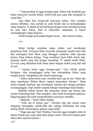 “ Yang penting lo ngga kenapa-napa. Kalau tadi ketabrak gua
bakal menyesal seumur hidup. Lebih baik gua yang luka daripada lo
yang luka...”
       Aku tidak bisa menjawab kata-kata Julian. Aku semakin
merasa dibebani. Aku melirik ke arah Gladis dan ia memandangku
tanpa ekspresi. Ia duduk di jok belakang dengan mata menatap kosong
ke arah luka Julian. Saat ia menyadari tatapanku, ia hanya
memandangku tanpa ekspresi.
       Entah kenapa perasaanku begitu kacau....Aku merasa buntu...

       ***

        Kami bertiga menahan napas dalam saat mendengar
penjelasan Papi. Ternyata Hans mencoba memasuki rumah kami tadi
dan untungnya Kak Hana yang ditinggal sendirian tidak apa-apa
karena Papa keburu datang. Yang membuat kami lebih shock lagi,
ternyata mobil yang tadi hampir menabrak ‘J’ adalah mobil Hans.
Ciri-ciri yang dikatakan Kak Hana sama dengan mobil yang tadi ada
di mal.
        “ Untung kamu ngga kenapa-napa.” Ujar Gladis penuh
kelegaan. Aku mengangguk pelan dan memandang Julian yang
tampak pucat. Tampaknya dia masih terguncang.
        “ Julian, kalau kamu mau, istirahat dulu saja di sini. Nanti aku
akan menelepon Dokter Bram supaya memeriksa lukamu.” Mata
Julian tampak berbinar saat mendengar saranku dan dengan perlahan
ia mengangguk. Papi sendiri tampak terkejut mendengar kata-kataku.
        Baiklah, bukan berarti aku menyukai Julian tapi karena aku
merasa berhutang budi. Dan mungkin...aku mulai bersimpati padanya.
Bagaimanapun dia telah mengorbankan nyawanya untukku.
        “ Makasih...” bisik Julian lembut.
        “ Tidur aja di kamar gua.” Tawarku lagi dan semua mata
langsung menatapku seolah-olah aku sedang melakukan hal yang
paling heboh. Memangnya apanya yang salah?
        “ Ngga apa-apa ‘kan? Soalnya ‘kan dia ngga mungkin tidur di
kamar Kakak gua yang udah pada punya suami. Bisa-bisa kakak pada
ribut mikir macem-macem.”
115
 