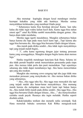 BAB XVI


        Aku menutup kupingku dengan kesal mendengar omelan
keempat kakakku yang tidak ada hentinya. Mereka semua
menyalahkan kelakuanku yang membuat Gladis pergi.
        “ Seharusnya kamu bisa bersikap dewasa! Kamu `kan tahu
kalau dia tidak ingat waktu kalian kecil dulu. Kamu ngga bisa nahan
emosi apa?” omel Ka Ribka sambil mencubitku dengan gemas. Aku
hanya diam tidak membalas.
        Mereka ngga ngerti masalahnya. Mungkin sebenarnya bukan
hanya karena dia lupa pada masa kecil kami tapi....Tapi karena aku
ngga bisa bersama dia. Aku ngga bisa bersama Gladis dengan leluasa.
        Aku marah pada diriku sendiri...Aku tidak ingin menyakitinya
tapi yang terjadi malah begini..
        “ `J`, coba kamu ngomong dengan jujur tentang perasaan
kamu yang sesungguhnya. Mungkin dengan begitu kamu akan merasa
lega.”
        Hatiku tergelitik mendengar kata-kata Kak Hana. Selama ini
aku tidak pernah berpikir untuk menceritakan perasaanku pada siapa
pun. Aku merasa tidak perlu dan pasti memalukan. Tapi sepertinya
sekarang aku tidak dapat menahannya lagi. Aku harus menceritakan
apa yang aku rasakan.
        Mungkin aku memang cowo cengeng tapi aku juga tidak mau
merasakan perasaan yang menyiksaku ini. Aku merasa bukan diriku
yang sebenarnya.
        “ Aku...Aku ngga tahu Ka. Aku ngga mau menyakiti dia tapi
yang terjadi malah aku benar-benar menyakitinya. Aku memang
marah karena dia melupakan masa kecil kami tapi bukan hanya
itu...Aku malah lebih marah pada diriku sendiri. Aku ngga bisa...Aku
ngga bisa bersama Gladis dengan leluasa...Aku....” aku menyelesaikan
ceritaku susah payah. Rasanya aku ingin meledak. Hatiku seperti
disobek-sobek.
        Kakak-kakakku terdiam dan menarik nafas serempak. Kak
Hana memeluk bahuku sementara Kak Ribka mengacak-acak

                                                                130
 