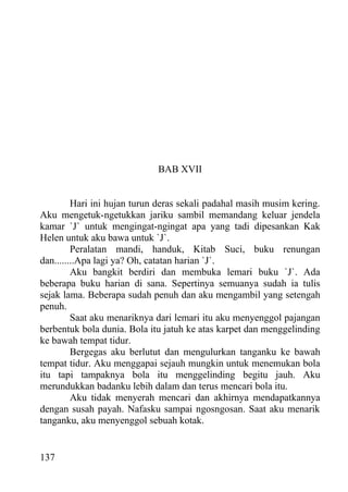 BAB XVII


         Hari ini hujan turun deras sekali padahal masih musim kering.
Aku mengetuk-ngetukkan jariku sambil memandang keluar jendela
kamar `J` untuk mengingat-ngingat apa yang tadi dipesankan Kak
Helen untuk aku bawa untuk `J`.
         Peralatan mandi, handuk, Kitab Suci, buku renungan
dan........Apa lagi ya? Oh, catatan harian `J`.
         Aku bangkit berdiri dan membuka lemari buku `J`. Ada
beberapa buku harian di sana. Sepertinya semuanya sudah ia tulis
sejak lama. Beberapa sudah penuh dan aku mengambil yang setengah
penuh.
         Saat aku menariknya dari lemari itu aku menyenggol pajangan
berbentuk bola dunia. Bola itu jatuh ke atas karpet dan menggelinding
ke bawah tempat tidur.
         Bergegas aku berlutut dan mengulurkan tanganku ke bawah
tempat tidur. Aku menggapai sejauh mungkin untuk menemukan bola
itu tapi tampaknya bola itu menggelinding begitu jauh. Aku
merundukkan badanku lebih dalam dan terus mencari bola itu.
         Aku tidak menyerah mencari dan akhirnya mendapatkannya
dengan susah payah. Nafasku sampai ngosngosan. Saat aku menarik
tanganku, aku menyenggol sebuah kotak.


137
 