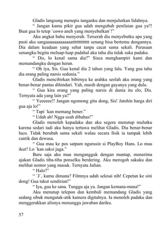 Gladis langsung menepis tanganku dan menjulurkan lidahnya.
        “ Jangan kamu pikir gua udah mengubah penilaian gua ya?!
Buat gua lo tetep `cowo aneh yang menyebalkan`!”
        Aku angkat bahu menyerah. Terserah dia menyebutku apa yang
pasti aku sangaaaaaaaaaaaaattttttttttttt senang bisa bertemu dengannya.
Dia dalam keadaan yang sehat tanpa cacat sama sekali. Perasaan
senangku begitu meluap-luap padahal aku tahu dia tidak suka padaku.
        “ Dis, lo kenal sama dia?” Sisca menghampiri kami dan
memandangku dengan heran.
        “ Oh iya, Sis. Gua kenal dia 2 tahun yang lalu. Yang gua tahu
dia orang paling narsis sedunia.”
        Gladis mencibirkan bibirnya ke arahku seolah aku orang yang
benar-benar pantas dihindari. Yah, masih dengan gayanya yang dulu.
        “ Gua kira orang yang paling narsis di dunia itu elo, Dis.
Ternyata ada yang lain ya?”
        “ Yeeeeee!! Jangan ngomong gitu dong, Sis! Jatohin harga diri
gua aja lo!”
        “ Tapi `kan memang bener.”
        “ Udah ah! Ngga usah dibahas!”
        Gladis menoleh kepadaku dan aku segera menutup mulutku
karena sedari tadi aku hanya tertawa melihat Gladis. Dia benar-benar
lucu. Tidak berubah sama sekali walau secara fisik ia tampak lebih
cantik dan dewasa.
        “ Gua mau ke pos satpam ngurusin si PlayBoy Hans. Lo mau
ikut? Lo `kan saksi juga.”
        Baru saja aku mau mengangguk dengan mantap, menerima
ajakan Gladis tiba-tiba ponselku berdering. Aku merogoh sakuku dan
melihat nomor yang masuk. Ternyata Julian.
        “ Halo?”
        “ `J`, kamu dimana? Filmnya udah selesai nih! Cepetan ke sini
dong! Gua takut sendirian!”
        “ Iya, gua ke sana. Tunggu aja ya. Jangan kemana-mana!”
        Aku menutup telepon dan kembali memandang Gladis yang
sedang sibuk mengutak-atik kamera digitalnya. Ia menoleh padaku dan
menggerakkan alisnya menunggu jawaban dariku.

57
 
