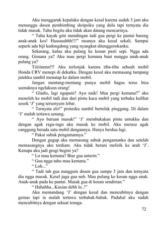 Aku menggaruk kepalaku dengan kesal karena sudah 3 jam aku
menunggu dosen pembimbing skripsiku yang dulu tapi ternyata dia
tidak masuk. Tahu begitu aku tidak akan datang mencarinya.
        “ Tahu kayak gini mendingan tadi gua pergi ke pantai bareng
anak-anak kos! Huuuuuhhh!!!” rasanya aku kesal sekali. Sampai
seperti ada biji kedongdong yang nyangkut ditenggorokanku.
        Sekarang, kalau aku pulang ke kosan pasti sepi. Ngga ada
orang. Gimana ya? Aku mau pergi kemana buat nunggu anak-anak
pulang ya?
        Tiiiiinnnn!!! Aku terlonjak karena tiba-tiba sebuah mobil
Honda CRV menepi di dekatku. Dengan kesal aku memasang tampang
jutekku sambil menatap ke dalam mobil.
        Jangan mentang-mentang punya mobil bagus terus bisa
seenaknya ngelakson orang!
        “ Gladis, lagi ngapain? Ayo naik! Mau pergi kemana?” aku
menoleh ke mobil tadi dan dari pintu kaca mobil yang terbuka kulihat
sosok ‘J’ yang tersenyum lebar.
        “ Ternyata elo!” protesku sambil bertolak pinggang. Di dalam
‘J’ malah tertawa senang.
        “ Ayo buruan masuk!” ‘J’ membukakan pintu untukku dan
dengan agak ragu-ragu aku masuk ke mobil. Aku merasa agak
canggung berada satu mobil dengannya. Hanya berdua lagi.
        “ Pakai sabuk pengamannya.”
        Dengan gugup aku memasang sabuk pengamanku dan setelah
memasangnya aku terdiam. Aku tidak berani melirik ke arah ‘J’.
Kenapa aku jadi grogi begini ya?
        “ Lo mau kemana? Biar gua anterin.”
        “ Gua ngga tahu mau kemana.”
        “ Loh...”
        “ Tadi tuh gua nungguin dosen gua sampe 3 jam dan ternyata
dia ngga masuk. Kesel juga gua neh. Mau pulang ke kosan ngga enak.
Anak-anak pada ke pantai. Masak gua di kosan sendirian.”
        “ Hahahha...Kasian dehh lo..!”
        Aku memandang ‘J’ dengan kesal dan mencubitnya dengan
gemas tapi ia malah tertawa terbahak-bahak. Padahal aku sudah
mencubitnya dengan sekuat tenaga.
                                                                 72
 