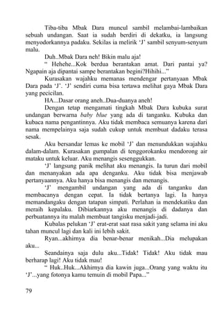 Tiba-tiba Mbak Dara muncul sambil melambai-lambaikan
sebuah undangan. Saat ia sudah berdiri di dekatku, ia langsung
menyodorkannya padaku. Sekilas ia melirik ‘J’ sambil senyum-senyum
malu.
         Duh..Mbak Dara neh! Bikin malu aja!
         “ Hehehe...Kok berdua berantakan amat. Dari pantai ya?
Ngapain aja dipantai sampe berantakan begini?Hihihi...”
         Kurasakan wajahku memanas mendengar pertanyaan Mbak
Dara pada ‘J’. ‘J’ sendiri cuma bisa tertawa melihat gaya Mbak Dara
yang pecicilan.
         HA...Dasar orang aneh..Dua-duanya aneh!
         Dengan tetap mengamati tingkah Mbak Dara kubuka surat
undangan berwarna baby blue yang ada di tanganku. Kubuka dan
kubaca nama pengantinnya. Aku tidak membaca semuanya karena dari
nama mempelainya saja sudah cukup untuk membuat dadaku terasa
sesak.
         Aku bersandar lemas ke mobil ‘J’ dan menundukkan wajahku
dalam-dalam. Kurasakan gumpalan di tenggorokanku mendorong air
mataku untuk keluar. Aku menangis sesenggukkan.
         ‘J’ langsung panik melihat aku menangis. Ia turun dari mobil
dan menanyakan ada apa denganku. Aku tidak bisa menjawab
pertanyaannya. Aku hanya bisa menangis dan menangis.
         ‘J’ mengambil undangan yang ada di tanganku dan
membacanya dengan cepat. Ia tidak bertanya lagi. Ia hanya
memandangaku dengan tatapan simpati. Perlahan ia mendekatiku dan
meraih kepalaku. Dibiarkannya aku menangis di dadanya dan
perbuatannya itu malah membuat tangisku menjadi-jadi.
         Kubalas pelukan ‘J’ erat-erat saat rasa sakit yang selama ini aku
tahan muncul lagi dan kali ini lebih sakit.
         Ryan...akhirnya dia benar-benar menikah...Dia melupakan
aku...
         Seandainya saja dulu aku...Tidak! Tidak! Aku tidak mau
berharap lagi! Aku tidak mau!
         “ Huk..Huk...Akhirnya dia kawin juga...Orang yang waktu itu
‘J’...yang fotonya kamu temuin di mobil Papa...”

79
 