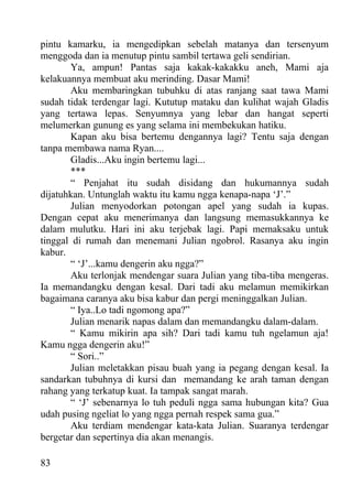pintu kamarku, ia mengedipkan sebelah matanya dan tersenyum
menggoda dan ia menutup pintu sambil tertawa geli sendirian.
       Ya, ampun! Pantas saja kakak-kakakku aneh, Mami aja
kelakuannya membuat aku merinding. Dasar Mami!
       Aku membaringkan tubuhku di atas ranjang saat tawa Mami
sudah tidak terdengar lagi. Kututup mataku dan kulihat wajah Gladis
yang tertawa lepas. Senyumnya yang lebar dan hangat seperti
melumerkan gunung es yang selama ini membekukan hatiku.
       Kapan aku bisa bertemu dengannya lagi? Tentu saja dengan
tanpa membawa nama Ryan....
       Gladis...Aku ingin bertemu lagi...
       ***
       “ Penjahat itu sudah disidang dan hukumannya sudah
dijatuhkan. Untunglah waktu itu kamu ngga kenapa-napa ‘J’.”
       Julian menyodorkan potongan apel yang sudah ia kupas.
Dengan cepat aku menerimanya dan langsung memasukkannya ke
dalam mulutku. Hari ini aku terjebak lagi. Papi memaksaku untuk
tinggal di rumah dan menemani Julian ngobrol. Rasanya aku ingin
kabur.
       “ ‘J’...kamu dengerin aku ngga?”
       Aku terlonjak mendengar suara Julian yang tiba-tiba mengeras.
Ia memandangku dengan kesal. Dari tadi aku melamun memikirkan
bagaimana caranya aku bisa kabur dan pergi meninggalkan Julian.
       “ Iya..Lo tadi ngomong apa?”
       Julian menarik napas dalam dan memandangku dalam-dalam.
       “ Kamu mikirin apa sih? Dari tadi kamu tuh ngelamun aja!
Kamu ngga dengerin aku!”
       “ Sori..”
       Julian meletakkan pisau buah yang ia pegang dengan kesal. Ia
sandarkan tubuhnya di kursi dan memandang ke arah taman dengan
rahang yang terkatup kuat. Ia tampak sangat marah.
       “ ‘J’ sebenarnya lo tuh peduli ngga sama hubungan kita? Gua
udah pusing ngeliat lo yang ngga pernah respek sama gua.”
       Aku terdiam mendengar kata-kata Julian. Suaranya terdengar
bergetar dan sepertinya dia akan menangis.

83
 